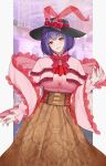  1girl absurdres adapted_costume aroevela black_headwear blurry blurry_background bow bowtie breasts bright_pupils brown_skirt capelet commentary cross-laced_clothes frilled_capelet frilled_shawl frills hat hat_bow highres long_sleeves looking_at_viewer nagae_iku parted_lips purple_hair red_bow red_bowtie red_eyes shawl short_hair signature skirt smile solo symbol-only_commentary touhou white_pupils 