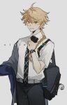  1boy aether_(genshin_impact) alternate_costume backpack bag belt black_necktie black_pants blonde_hair braid collared_shirt earrings genshin_impact grey_background grey_belt highres jewelry long_hair male_focus necktie pants shirt short_sleeves sialou signature solo white_shirt yellow_eyes 