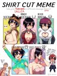  &gt;_&lt; 1boy 1girl abs andy_(undead_unluck) artist_request beanie black_hair breasts brown_eyes cleavage cleavage_cutout closed_eyes clothing_cutout dress embarrassed english_text eyelashes grey_hair happy hat highres izumo_fuuko large_breasts meme meme_attire multiple_drawing_challenge necktie red_dress shirt shirt_cut_meme short_hair sideboob simple_background smile snorkel source_request sweater undead_unluck underboob virgin_killer_sweater white_background white_shirt 