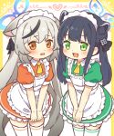  2girls :d alternate_costume animal_ear_fluff animal_ears apron ascot black_hair blue_archive blue_halo commentary cowboy_shot dress enmaided extra_ears flat_chest frilled_apron frilled_dress frills green_dress green_eyes grey_hair halo kokona_(blue_archive) long_hair looking_at_viewer maid maid_apron maid_headdress multiple_girls onyhakase open_mouth orange_dress orange_eyes puffy_short_sleeves puffy_sleeves short_dress short_sleeves shun_(blue_archive) shun_(small)_(blue_archive) siblings sisters smile thighhighs tiger_ears tiger_girl twintails very_long_hair wavy_mouth white_apron white_thighhighs yellow_ascot zettai_ryouiki 