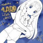  1girl bare_arms blue_background blue_eyes blunt_bangs blush braid clothes_lift cosplay cowboy_shot eyelashes hairband highres kinocopro lana_(pokemon) lana_(pokemon)_(cosplay) lifted_by_self lillie_(pokemon) long_hair looking_at_viewer looking_down milestone_celebration parted_lips pokemon pokemon_(game) pokemon_sm sailor_collar shirt shirt_lift solo swimsuit swimsuit_under_clothes thank_you twin_braids 