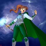  1girl boots breasts brown_hair cape cloud cloudy_sky cosplay earrings green_cape green_eyes green_pants hammer holding holding_hammer jei-shepard jewelry kino_makoto marvel marvel_cinematic_universe pants sailor_jupiter sky solo teeth the_avengers_(2012) thor_(marvel) thor_(marvel)_(cosplay) upper_teeth_only 