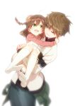  1boy 1girl :d age_difference ahoge arms_around_neck blurry_edges blush braid brown_hair carrying casual clothes_writing commentary cowboy_shot eye_contact eyelashes feet female_child floating_hair flower full_body green_eyes hair_between_eyes hair_flower hair_ornament happy highres hug interlocked_fingers kanbe_kotori knees_up legs looking_at_another lower_teeth_only medium_hair midori_(mido0021) no_shoes one_eye_closed open_mouth own_hands_together pink_flower pink_shirt princess_carry rewrite shirt short_hair simple_background smile socks soles spiked_hair standing sweater teeth toes twin_braids wavy_hair white_background white_socks white_sweater 