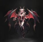  1girl black_background breasts cl_(chearin) cleavage concept_art demon_girl demon_horns fingernails floating gem highres horns long_fingernails long_hair original pointy_ears red_gemstone red_nails solo white_hair wings yellow_eyes 
