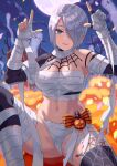  1girl angel_(kof) bandaged_arm bandaged_chest bandaged_leg bandages blue_eyes breasts cleavage costume hair_over_one_eye halloween halloween_costume highres horns_pose index_fingers_raised large_breasts looking_at_viewer midriff mummy mummy_costume naked_bandage navel short_hair snk solo the_king_of_fighters toned white_hair yagi2013 