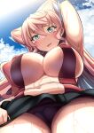  1girl arm_up blonde_hair blue_sky blush breasts cleavage cloud cloudy_sky covered_nipples eyelashes from_below green_eyes hair_between_eyes large_breasts long_hair looking_at_viewer looking_down maria_cadenzavna_eve miniskirt navel open_clothes parted_lips senki_zesshou_symphogear senki_zesshou_symphogear_xv sidelocks skirt sky smile stomach sunlight sweat thighs underboob upskirt yottan 