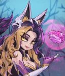  1girl :d ahri_(league_of_legends) animal_ear_fluff bare_shoulders black_hair blonde_hair breasts cleavage coven_ahri facial_mark fingerless_gloves gloves large_breasts league_of_legends long_hair magic open_mouth outdoors phantom_ix_row shiny_skin skull skull_on_head slit_pupils smile solo tree upper_body whisker_markings yellow_eyes 