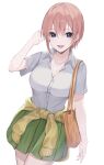  1girl :d arm_at_side bag blue_eyes breasts cleavage clothes_around_waist collarbone collared_shirt commentary cowboy_shot eyelashes eyes_visible_through_hair go-toubun_no_hanayome green_skirt hair_between_eyes hand_up handbag highres komura_hiroto large_breasts looking_at_viewer miniskirt nakano_ichika open_mouth pink_hair pleated_skirt school_uniform shirt short_hair short_sleeves sidelocks simple_background skirt smile solo standing straight-on sweater teeth uniform upper_teeth_only white_background white_shirt yellow_sweater 