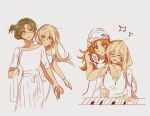  3girls areeeee_k blonde_hair closed_eyes closed_mouth ensemble_stars! genderswap genderswap_(mtf) glasses green_eyes green_hair grey_background hasumi_keito headphones headphones_around_neck highres holding_hands instrument keyboard_(instrument) long_hair multiple_girls musical_note open_mouth orange_hair sketch tenshouin_eichi tsukinaga_leo 