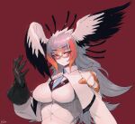  1girl absurdres anchors_(mono_eye_os) antenna_hair arm_at_side bird_wings black_gloves black_hair black_wings blush breasts closed_mouth coat eyelashes glasses gloves grey_hair half-closed_eyes hand_up head_wings highres impossible_clothes kemono_friends large_breasts long_hair looking_at_viewer multicolored_hair multicolored_wings necktie orange_hair pale_skin raised_eyebrow red_background red_hair secretarybird_(kemono_friends) semi-rimless_eyewear simple_background solo under-rim_eyewear upper_body very_long_hair white_wings wings yellow_eyes 