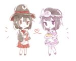  2others alternate_costume androgynous apron black_eyes black_hair black_headwear black_shirt bottle bow bowtie brown_footwear chibi chinese_commentary closed_mouth collar collared_shirt commentary_request dress enraku_tsubakura eye_of_senri eye_on_hat food frilled_apron frilled_hat frills hat heart holding holding_bottle holding_food holding_plate ketchup_bottle len&#039;en long_sleeves looking_at_viewer maid medium_skirt mob_cap multiple_others notice_lines open_mouth pantyhose pie plate puffy_long_sleeves puffy_sleeves purple_dress purple_eyes purple_footwear purple_hair red_bow red_bowtie red_skirt shirt shitodo_kuroji shoes short_dress short_hair skirt smile top_hat triangular_headpiece white_apron white_background white_bow white_collar white_pantyhose yapiemo 