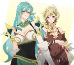  2girls aqua_hair armor bare_shoulders blonde_hair breasts chloe_(fire_emblem) citrinne_(fire_emblem) cleavage cleavage_cutout closed_mouth clothing_cutout dress earrings feather_hair_ornament feathers fire_emblem fire_emblem_engage green_eyes hair_ornament hoop_earrings jewelry long_hair looking_at_viewer multiple_girls mweiple necklace red_eyes short_hair shoulder_armor 