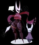  abs ambiguous_gender annoyed_expression anthro arachnid arthropod bodily_fluids bottomless cape clothed clothing duo featureless_crotch female hi_res hollow_knight horn hornet_(hollow_knight) insect insult larger_female looking_down scarf size_difference spider standing sweat team_cherry the_knight_(hollow_knight) thick_thighs vessel_(species) weapon wide_hips xexeezy 