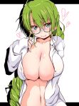  1girl bespectacled blue-framed_eyewear blue_eyes blush braid breasts cleavage closed_mouth glasses green_hair heart highres kanbayashi_chiko kantai_collection large_breasts long_hair long_sleeves looking_at_viewer mole mole_under_mouth naked_shirt navel open_clothes open_shirt semi-rimless_eyewear shirt single_braid sleeves_past_wrists smile solo under-rim_eyewear upper_body very_long_hair white_shirt yuugumo_(kancolle) 