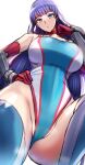  1girl arm_guards bangs bare_shoulders blue_eyes blue_one-piece_swimsuit blue_thighhighs breasts choker collarbone elbow_gloves fate/grand_order fate_(series) gloves highleg highleg_swimsuit kumakichi_(cost-lost) large_breasts long_hair looking_at_viewer martha_(fate) one-piece_swimsuit purple_hair red_gloves solo swimsuit thighhighs thighs two-tone_swimsuit two-tone_thighhighs white_one-piece_swimsuit white_thighhighs 