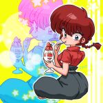  1girl ass barefoot blue_eyes breasts eating food fruit hair_between_eyes on_floor ranma-chan ranma_1/2 sitting solo star_(symbol) strawberry toes wanta_(futoshi) yellow_background 