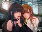  2girls absurdres ascot bare_shoulders black_ascot black_choker black_hair blue_eyes blurry blurry_background choker clothing_cutout copyright_name dress final_fantasy final_fantasy_xiv fingers_to_cheeks gaia_(ff14) hand_up highres hyur in-universe_location long_hair looking_to_the_side multiple_girls orange_hair parted_lips red_lips rugi_rugi ryne_waters shoulder_cutout sideways_glance swept_bangs upper_body wavy_hair white_dress 