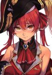  1girl bare_shoulders bicorne blush breasts closed_mouth frills hair_ribbon hat heterochromia hololive houshou_marine hungry_clicker large_breasts long_hair looking_at_viewer pirate_hat red_eyes red_hair ribbon simple_background solo tearing_up tears twintails upper_body virtual_youtuber white_background yellow_eyes 