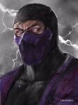  1boy artist_name commentary english_commentary flavioluccisano grey_sky highres lightning male_focus mask mortal_kombat ninja outdoors portrait purple_eyes rain_(mortal_kombat) solo wet 