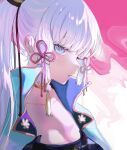  1girl blue_jacket blunt_bangs chinese_knot choker genshin_impact highres jacket kamisato_ayaka long_hair looking_at_viewer low_tied_sidelocks mochii parted_lips ponytail portrait profile solo white_hair 