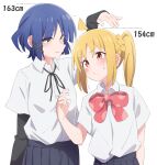  2girls ahoge black_ribbon black_shirt black_skirt blonde_hair blue_hair blush bocchi_the_rock! bow closed_mouth collared_shirt cowboy_shot detached_ahoge eito12 hand_up height_difference highres ijichi_nijika layered_clothes layered_sleeves long_hair long_sleeves looking_at_another mole mole_under_eye multiple_girls neck_ribbon pleated_skirt red_bow red_eyes ribbon school_uniform shimokitazawa_high_school_uniform shirt shirt_tucked_in short_hair short_over_long_sleeves short_sleeves side_ponytail sidelocks simple_background skirt smile standing sweatdrop white_background white_shirt yamada_ryo yellow_eyes 