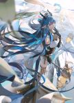  1girl arknights black_dress black_gloves blue_hair blurry blurry_foreground boots bracelet breasts bug butterfly chinese_commentary commentary_request dragon dragon_girl dragon_horns dress eastern_dragon full_body gloves hand_up heqing highres holding holding_staff horns jewelry knee_boots lantern ling_(arknights) long_hair medium_breasts outdoors pointy_ears sidelocks solo staff thigh_strap two-tone_dress very_long_hair walking walking_on_liquid white_dress white_footwear yellow_butterfly 
