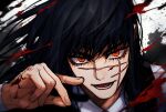  1girl black_background black_hair blood chainsaw_man collared_shirt grmms_otk hand_up long_hair looking_at_viewer open_mouth orange_eyes portrait scar scar_on_face shirt smile solo v-shaped_eyebrows war_devil_(chainsaw_man) white_background white_shirt yoru_(chainsaw_man) 