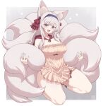  1girl animal_ears blue_eyes border breasts cleavage commission covered_navel fangs fox_ears fox_girl fox_tail fumato grey_background grey_hair heart highres large_breasts long_hair looking_at_viewer multiple_tails open_mouth original simple_background solo tail thigh_strap tongue watermark white_border 