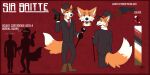  2:1 anthro black_nose canid canine chiappa_rhino clothing dark_red_eyes english_text fancy_clothing fluffy fluffy_tail fox front_view fur hat headgear headwear height_comparison looking_at_viewer looking_back male mammal model_sheet orange_body orange_fur rear_view sir_britte softbitez solo tail text top_hat white_body white_fur 