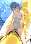  1girl absurdres antenna_hair arm_support blue_eyes blue_hair breasts highres looking_at_viewer namako_(namacotan) old_school_swimsuit one-piece_swimsuit original school_swimsuit short_hair sitting small_breasts solo swimsuit water wet white_one-piece_swimsuit 