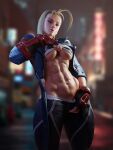  1girl 3d abs absurdres antenna_hair batesz blonde_hair blue_eyes breasts cammy_white cityscape clothes_lift fingerless_gloves gloves highres jacket looking_at_viewer muscular muscular_female pubic_hair shirt_lift street_fighter street_fighter_6 sweat toned underboob 