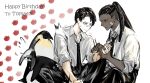  2boys absurdres bird black_eyes black_pants black_sleeves collared_shirt crossed_legs dark-skinned_male dark_skin dreadlocks high_ponytail highres injury library_of_ruina long_hair multiple_boys nishikujic olivier_(library_of_ruina) pants penguin project_moon roland_(library_of_ruina) seal_(animal) shirt simple_background sitting trembling white_background white_shirt 