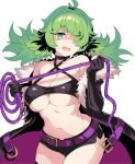  1girl bare_shoulders belt black_choker black_gloves breasts cape choker commentary_request cowboy_shot criss-cross_halter dark_hunter dark_hunter_5 e_(eokiba) elbow_gloves gloves green_eyes green_hair hair_over_one_eye halterneck highres large_breasts navel sekaiju_no_meikyuu_hd short_shorts shorts sweatdrop underboob wavy_mouth 