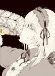  1girl bottle breasts chugging commentary_request detached_collar dress drinking eyelashes feathered_wings frilled_dress frilled_hairband frills greyscale hair_between_eyes hair_ribbon hairband half-closed_eyes highres holding holding_bottle kiru_(m_putorius) lolita_hairband long_bangs long_hair looking_at_viewer looking_to_the_side medium_breasts monochrome neck_ribbon open_mouth portrait ribbon rozen_maiden simple_background solo suigintou suntory twitter_username upper_body wings 