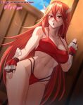 1girl alternate_costume bare_arms bare_legs bare_shoulders bikini blush breasts cleavage collarbone cordelia_(fire_emblem) cordelia_(summer)_(fire_emblem) fingerless_gloves fire_emblem fire_emblem_awakening fire_emblem_heroes gloves hair_between_eyes hair_ornament highres indoors long_hair looking_at_viewer midriff open_mouth red_bikini red_eyes red_hair solo swimsuit thighs toned very_long_hair vilde_loh_hocen 