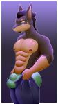  2023 abs absurd_res anthro beard biceps big_bulge black_hair blue_eyes bottomwear boxers_(clothing) brown_body bulge canid canine canis clothed clothing digital_drawing_(artwork) digital_media_(artwork) dobermann domestic_dog epileptic_goat facial_hair hair hi_res looking_down male mammal meme muscular muscular_anthro muscular_male nipples pants pecs pinscher scar signature simple_background solo tan_body tight_pants_(meme) underwear unknown_character watermark 