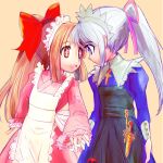  2girls :d apron back_bow black_apron blonde_hair blue_dress bow cross cross-shaped_pupils dagger dress eye_contact forehead-to-forehead futaba_channel grey_hair hair_bow hair_ribbon heads_together highres holding_hands interlocked_fingers itai japanese_clothes kimono knife long_sleeves looking_at_another maid maid_headdress multiple_girls nijiura_maids open_mouth orange_eyes pink_kimono pink_ribbon ponytail purple_eyes red_bow ribbon simple_background smile symbol-shaped_pupils tensai_(nijiura_maids) tsukiyono_aroe weapon white_bow yellow_background 
