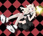  1girl :o animal_ears animal_hands argyle argyle_background avatar_(mabinogi) black_gloves black_shirt black_shorts blonde_hair cat_ears drop_shadow fishnet_thighhighs fishnets floating_hair fur-trimmed_footwear fur-trimmed_gloves fur_trim gloves grey_eyes hair_intakes koshikawa_guu long_hair mabinogi open_mouth paw_gloves paw_shoes puffy_shorts shirt shorts sitting sleeveless sleeveless_shirt solo thighhighs 