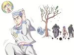  akefu_satoru blood blood_on_face born_this_way_(stand) cane chestnut dixie_cup_hat doobie_wah! hands_on_own_cheeks hands_on_own_face hat higashikata_josuke_(jojolion) highres hirose_yasuho inset jojo_no_kimyou_na_bouken jojolion kristallion military_hat motor_vehicle motorcycle nigerundayo! old old_man parody running sailor stand_(jojo) sweat tornado tree 