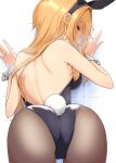  1girl against_wall alternate_costume animal_ears ass ass_focus backless_leotard black_leotard black_pantyhose blonde_hair blush breasts fake_animal_ears fake_tail from_behind highres idolmaster idolmaster_cinderella_girls kurosaki_chitose leotard looking_at_viewer looking_back medium_breasts pantyhose playboy_bunny rabbit_ears rabbit_tail red_eyes shoulder_blades solo spine strapless strapless_leotard tail tantei001 wrist_cuffs 