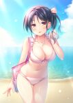  1girl apron bag beach bikini black_hair blue_sky breasts cleavage cloud collarbone day frilled_apron frills front-tie_bikini_top front-tie_top hair_ribbon highres horizon jewelry large_breasts medium_hair necklace ocean original outdoors red_eyes ribbon side_ponytail sky smile solo swimsuit white_bikini yuurei_yashiki 