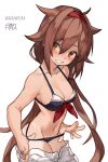  1girl absurdres bikini bikini_tan black_bikini blush breasts brown_hair cleavage clothes_pull dated grin hair_between_eyes hair_flaps hairband highres kantai_collection long_hair looking_at_viewer medium_breasts orange_eyes red_hairband sailor_bikini sailor_collar shiratsuyu_(kancolle) shiratsuyu_kai_ni_(kancolle) shorts shorts_pull signature simple_background smile solo swimsuit tan tanlines tsukibara very_long_hair wet white_background white_shorts 