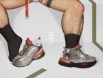  1boy absurdres bara black_socks bulge_peek calf close-up highres jockstrap leg_hair lower_body male_focus male_underwear original realistic shoes sneakers socks solo spread_legs sweat thighs underwear unworn_shoes very_sweaty white_male_underwear wutang 