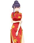  1girl black_eyes black_hair blush china_dress chinese_clothes dress floral_print hair_bun highres komi-san_wa_komyushou_desu komi_shouko looking_at_viewer mitsugu red_dress side_slit simple_background single_sidelock solo standing white_background 