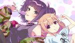  2girls :q back-to-back bare_shoulders black_shirt blonde_hair blush breasts brown_eyes camouflage camouflage_jacket candy choker collarbone diagonal_bangs earrings eating food futaba_anzu highres holding holding_candy holding_food holding_lollipop idolmaster idolmaster_cinderella_girls idolmaster_cinderella_girls_starlight_stage idolmaster_shiny_colors jacket jewelry knee_up lollipop long_hair looking_at_viewer lying_on_person medium_breasts multiple_girls nail_polish polka_dot polka_dot_background purple_eyes purple_hair purple_nails shirt short_twintails smile t-shirt tanaka_mamimi ten231523_2 tongue tongue_out twintails v very_long_hair 