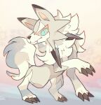  :3 akadako animal_focus bags_under_eyes blue_eyes bright_pupils claws closed_mouth colored_sclera commentary_request dog fang fang_out full_body gradient_background grey_outline leg_up looking_at_viewer lycanroc lycanroc_(midday) neck_fur no_humans one-hour_drawing_challenge orange_background partial_commentary pokemon pokemon_(creature) solo spikes standing white_pupils yellow_sclera 
