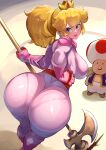  1girl ass ass_focus back bent_over biker_clothes bikesuit blonde_hair blue_eyes bodysuit breasts crown earrings from_behind gloves highres huge_ass jewelry large_breasts long_hair looking_back mario_(series) nuezou pants pantylines ponytail princess_peach smile the_super_mario_bros._movie thick_thighs thighs tight_clothes tight_pants toad_(mario) wide_hips 