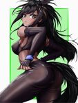  1girl animal_ears arched_back armpits ass back black_hair blush border breasts bridle brown_eyes brown_hair brown_sports_bra brown_thoroughbred_(kemono_friends) covered_nipples cowboy_shot dark-skinned_female dark_skin elbow_gloves extra_ears fingerless_gloves from_side gloves heta2624 highres horse_ears horse_girl horse_tail japan_racing_association kemono_friends long_hair looking_at_viewer medium_breasts multicolored_hair outside_border pants parted_bangs parted_lips solo sports_bra sportswear sweat tail tight_clothes tight_pants two-tone_hair very_long_hair white_border yoga_pants 