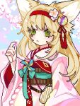 1girl animal_ears apron arknights blonde_hair chinese_commentary cigaretheart closed_mouth coin_purse commentary_request flower fox_ears fox_girl frilled_apron frills green_eyes hair_flower hair_ornament hairband japanese_clothes jpeg_artifacts kimono long_hair long_sleeves looking_at_viewer obi official_alternate_costume pink_kimono pinwheel pixel_art red_hairband sash solo suzuran_(arknights) suzuran_(yukibare)_(arknights) upper_body waist_apron white_apron wide_sleeves yagasuri 