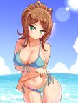  1girl ass_visible_through_thighs azure_striker_gunvolt bikini blue_sky breast_hold breasts brown_hair cleavage closed_mouth cloud cloudy_sky commentary commission cougar_(cougar1404) cowboy_shot crossed_arms day front-tie_bikini_top front-tie_top green_eyes groin halterneck head_tilt horizon large_breasts lens_flare looking_at_viewer monica_(gunvolt) navel ocean original outdoors ponytail side-tie_bikini_bottom skeb_commission sky smile solo standing sunlight swimsuit thigh_gap wading water wet 